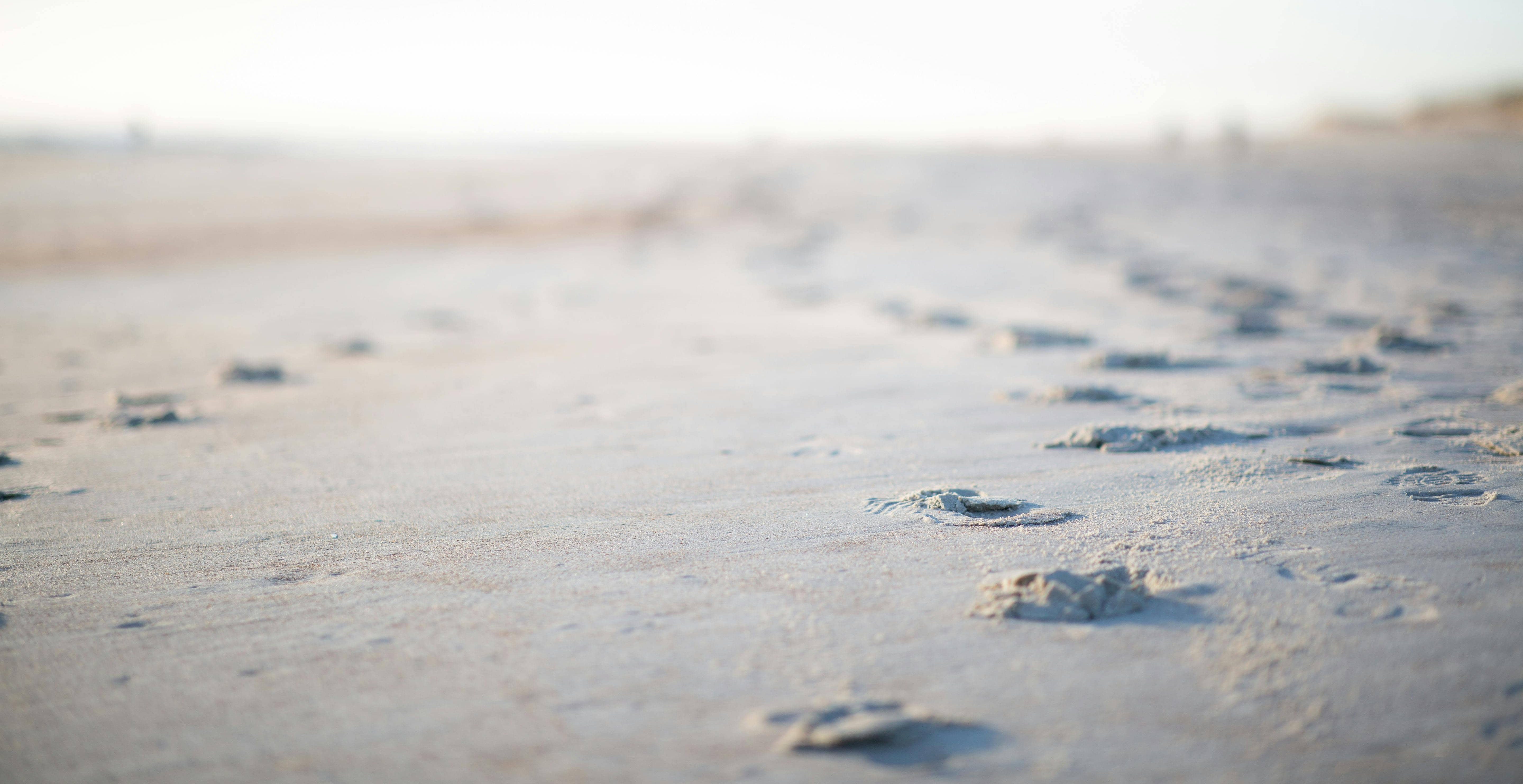 A trail of footprints stretches across a quiet, sunlit beach, fading into the distance.