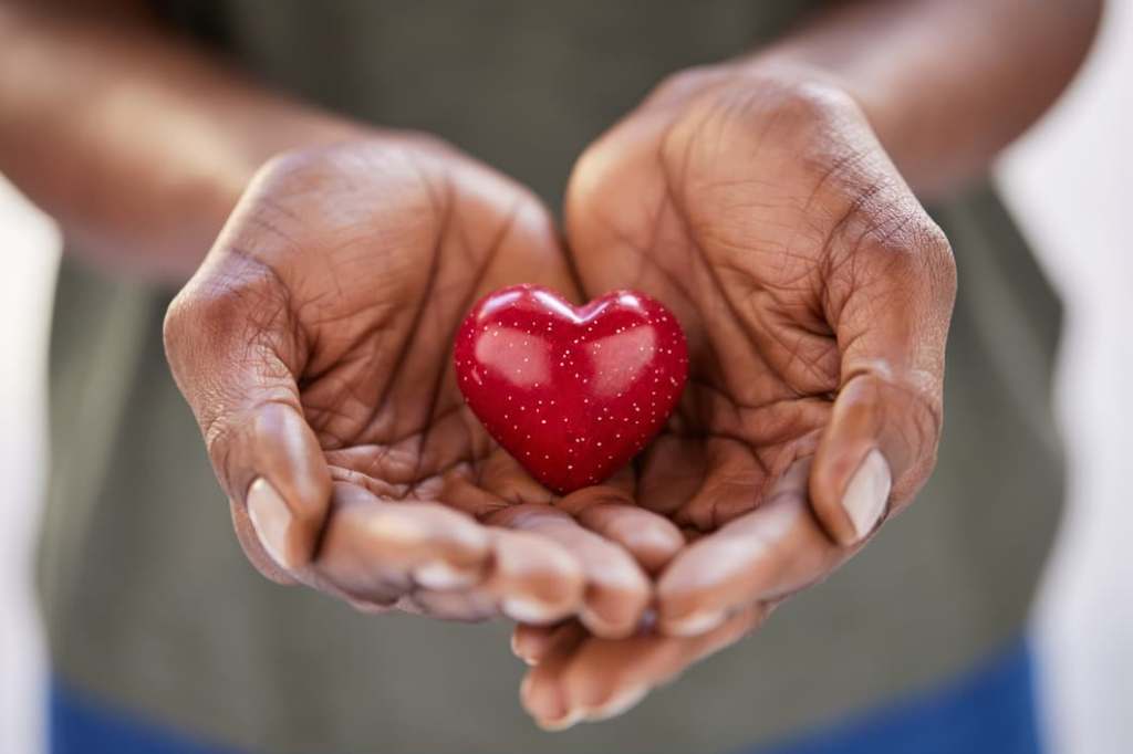 A close-up of hands gently holding a small red heart, symbolizing love, compassion, and the spirit of giving.