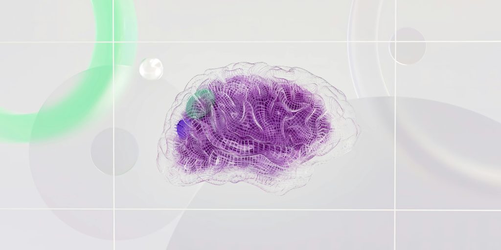 A digital illustration of a brain in translucent wireframe, with vibrant purple and green neural networks glowing inside.