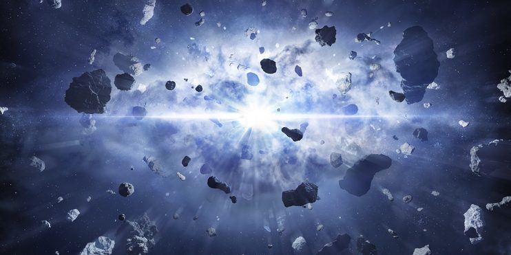 A brilliant cosmic explosion scattering asteroids and light across the vastness of space.
